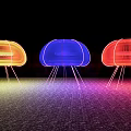 Colorful Modern Lamps With Neon Glow And Slim Stands On Dark Background