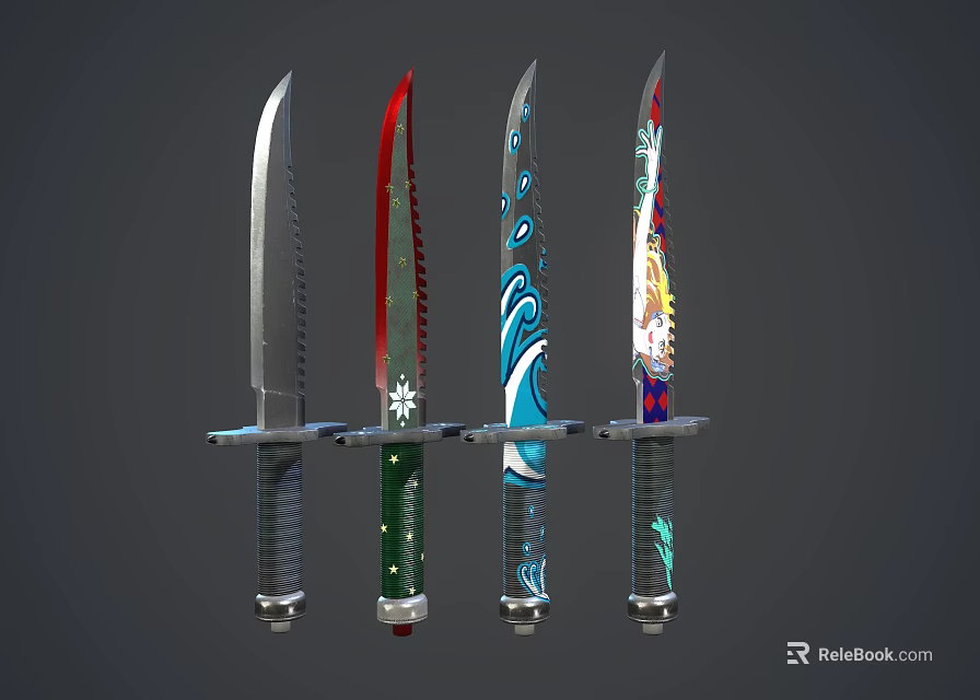 Four Decorative Knives with Various Blade Shapes and Colorful Handle Designs 3d model 