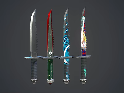 Four Decorative Knives with Various Blade Shapes and Colorful Handle Designs 3d model