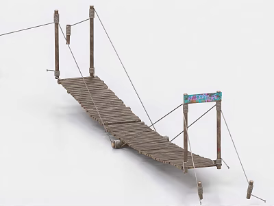 Traditional Wooden Suspension Bridge With Plank Walkway And Rope Railings 3d model