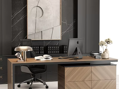 Modern Wooden Office Desk With Computer Monitor Table Lamp Open Book And File Folders 3d model