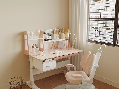 Cozy Beige Desk With Open Shelf Lamp Clock Flowers Pink Chair And Notebook By Window 3d model