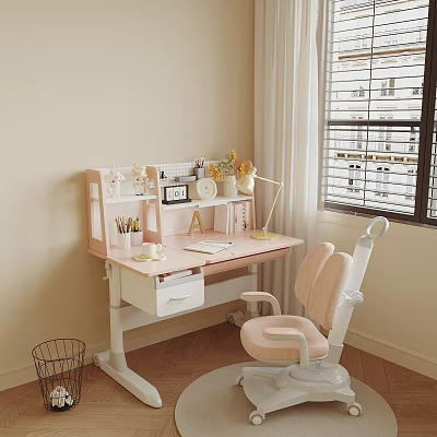 Cozy Beige Desk With Open Shelf Lamp Clock Flowers Pink Chair And Notebook By Window 3d model