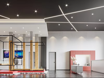 Modern Lobby Interior With Ceiling Spotlights Red Reception Desk And Decorative Columns 3d model