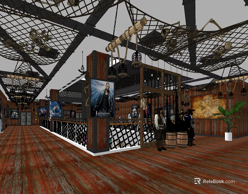 Rustic Industrial Elevator Hallway With Wooden Flooring Metal Grid Ceiling And Decorative Posters 3d model 