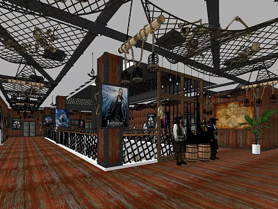 Rustic Industrial Elevator Hallway With Wooden Flooring Metal Grid Ceiling And Decorative Posters 3d model