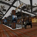 Rustic Industrial Elevator Hallway With Wooden Flooring Metal Grid Ceiling And Decorative Posters