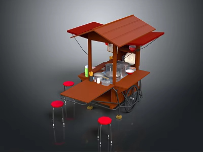 Wooden Street Food Cart With Red Canopy Countertop Red Stools And Wheels 3d model