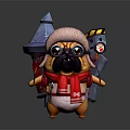 Cute Anthropomorphic Pug Character With Pointed Hat Red Scarf Goggles And Tool Backpack 3d model