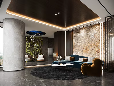 Modern Front Desk Reception Area With Dark Wood Ceiling Ambient Lighting And Textured Wall 3d model