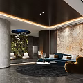 Modern Front Desk Reception Area With Dark Wood Ceiling Ambient Lighting And Textured Wall