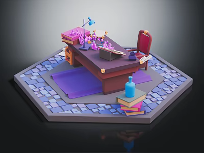 Cozy Workstation Interior With Wooden Desk Red Chair Purple Rug Table Lamp And Stacked Books 3d model