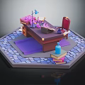 Cozy Workstation Interior With Wooden Desk Red Chair Purple Rug Table Lamp And Stacked Books