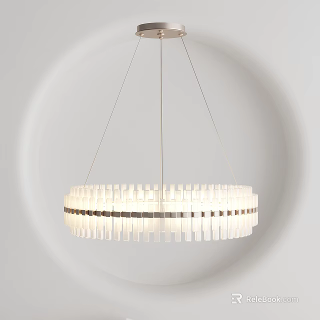 Modern Circular Chandelier With White Rectangular Elements And Silver Accents Suspended In Interior 3d model