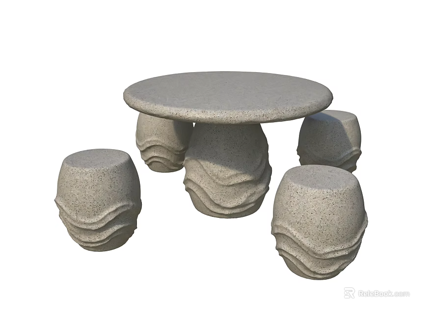 Round Outdoor Stone Table With Four Wavy Texture Stools For Garden Patio Space 3d model