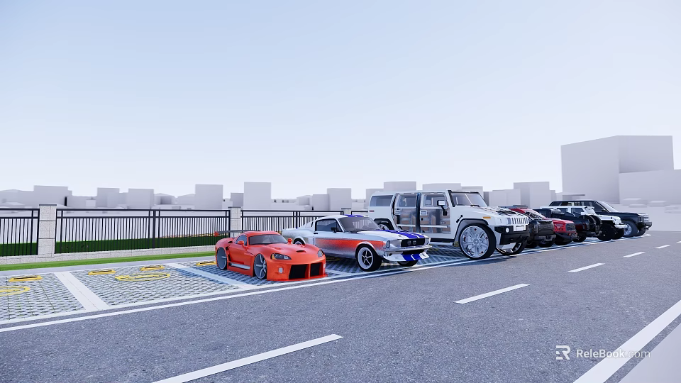 Parking Lot With Neatly Parked Sports Cars SUVs On Asphalt Road City Buildings 3d model 