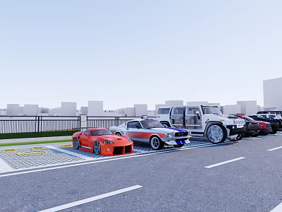 Parking Lot With Neatly Parked Sports Cars SUVs On Asphalt Road City Buildings 3d model