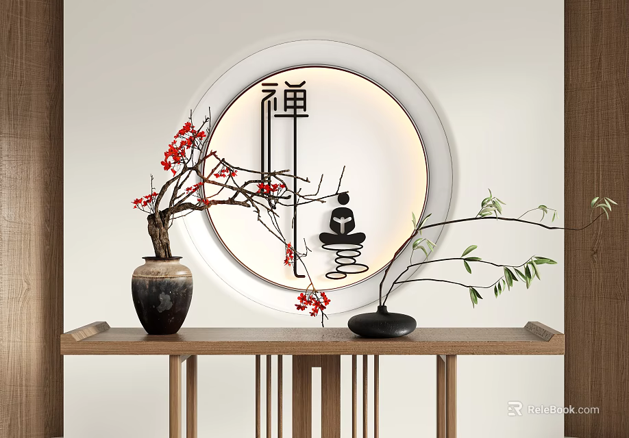 Zen Bonsai Plant With Red Flowers Bamboo Branches And Round Decoration On Wooden Table 3d model 