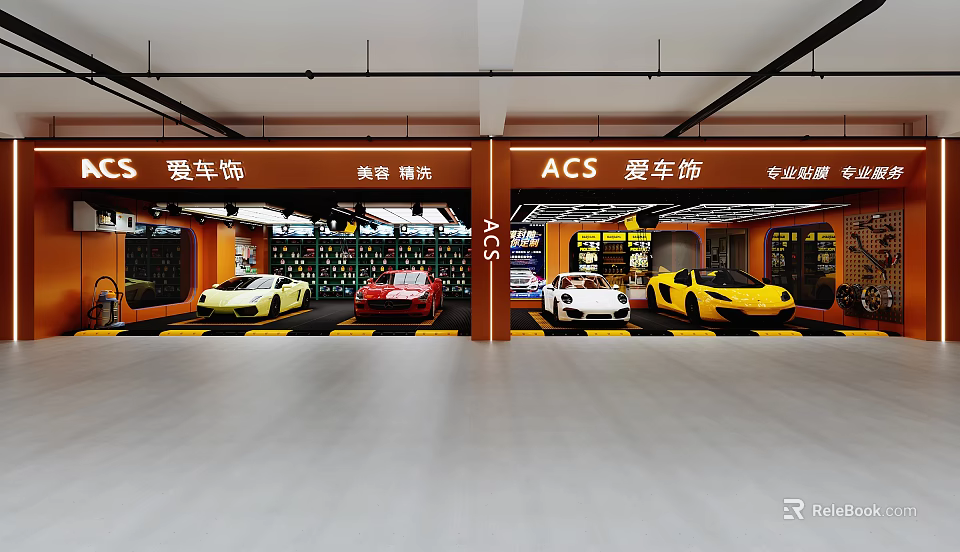 4S Luxury Car Showroom Featuring Colorful Sports Cars And Professional Car Care Services 3d model 