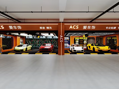 4S Luxury Car Showroom Featuring Colorful Sports Cars And Professional Car Care Services 3d model