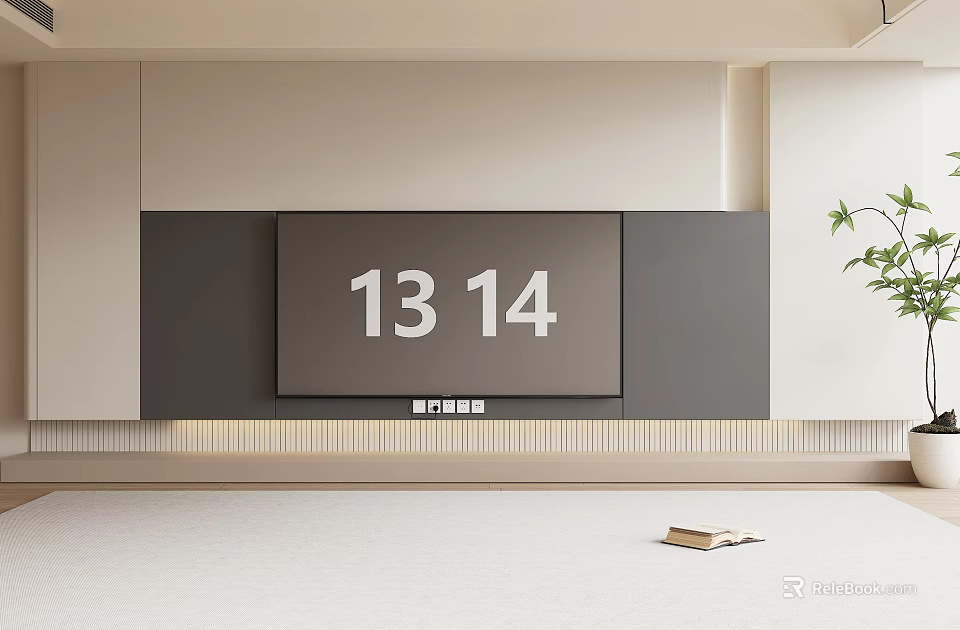 Modern TV Wall Design With Gray Panels Beige Upper Section Built-in TV And LED Strip Lighting 3d model 