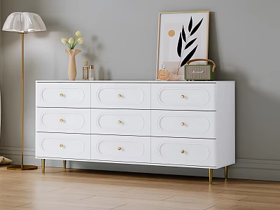 White Chest of Drawers with Gold Handles and Decorative Items on Gray Wall Wooden Floor 3d model