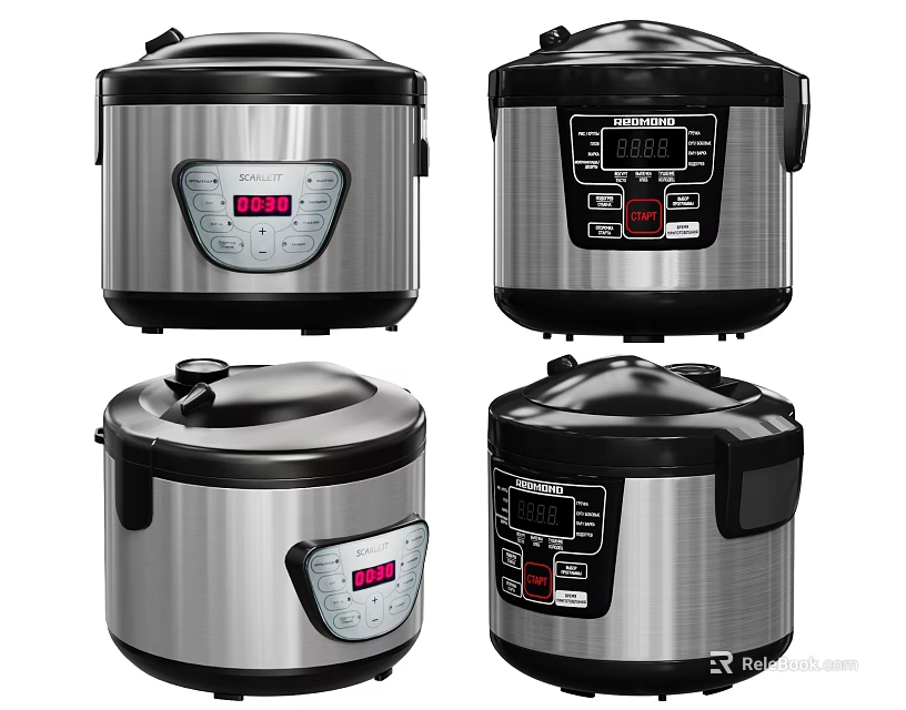 Different Styles of Stainless Steel Electric Rice Cookers with Digital Control Panels and Black Lids 3d model 