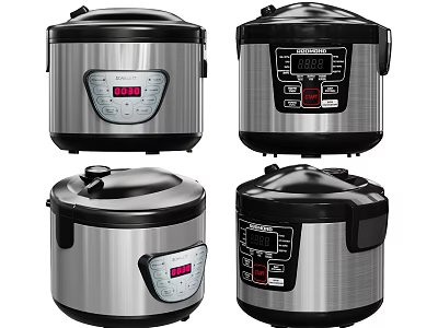 Different Styles of Stainless Steel Electric Rice Cookers with Digital Control Panels and Black Lids 3d model