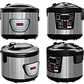 Different Styles of Stainless Steel Electric Rice Cookers with Digital Control Panels and Black Lids