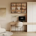 Modern Minimalist Desk Setup With White Chair Computer Bookshelf Decorative Painting And Green Plant