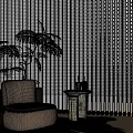 White Vertical Blinds in Bright Living Room with Beige Armchair Green Plant and Patterned Rug