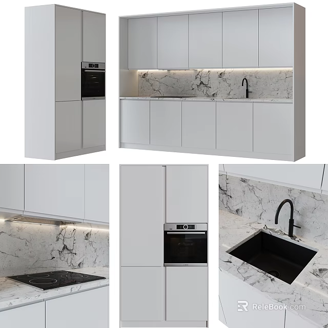 Modern Kitchen Interior With White Cabinets Marble Countertop And Black Sink 3d model 