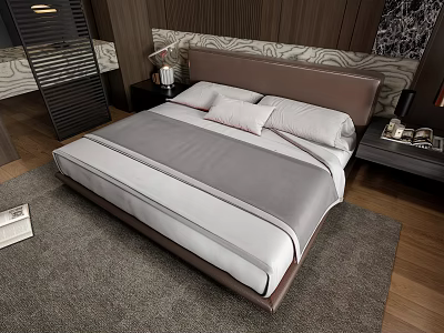 Sleek Modern Double Bed with Wooden Headboard Gray White Bedding and Nightstand Table Lamp 3d model