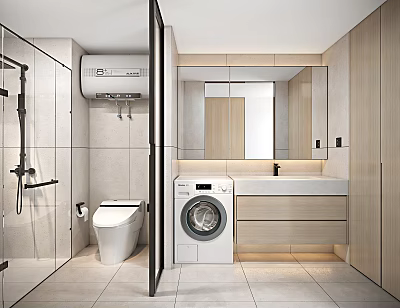 Modern Bathroom With Shower Toilet Washing Machine And Vanity 3d model