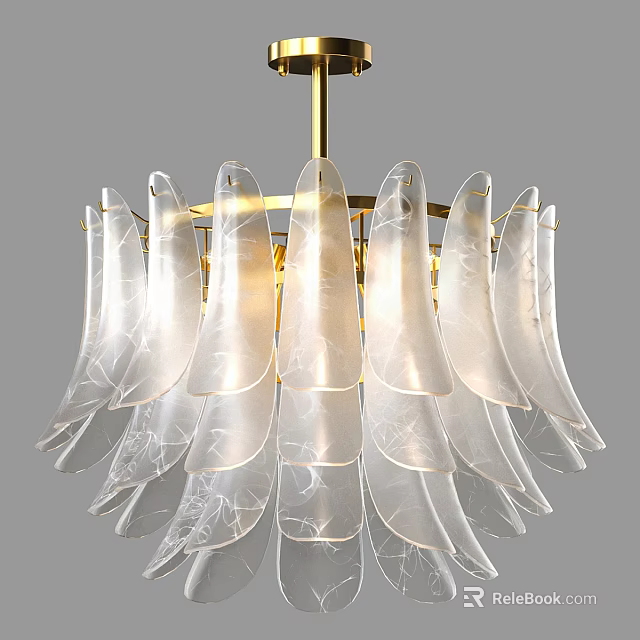 Elegant Modern Gold Metal Chandelier With Transparent Patterned Leaf Shaped Shades And Soft Lighting 3d model 