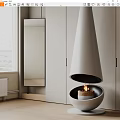 Modern White Conical Design Fireplace In Interior With Cabinetry And Flickering Flame