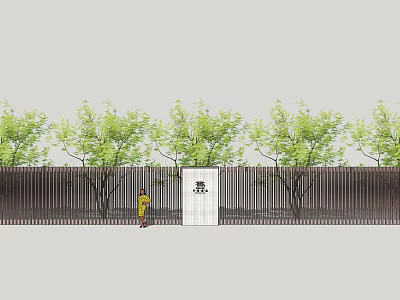 Modern Building Exterior Wall With Fence Like Design White Door And Green Trees 3d model