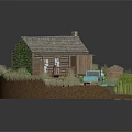 Cartoon Scene With Log Cabin Gray Roof Green Vines Yard Campfire Blue Car And Figures