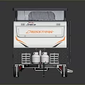 Expedition White Camper Trailer With Dark Blue Roof Orange Accents And Gas Cylinders