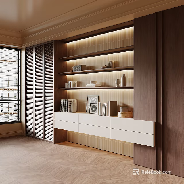 Modern Wooden Bookshelf with Shelves Books Decorative Items and Photo Frames in Contemporary Interior 3d model 