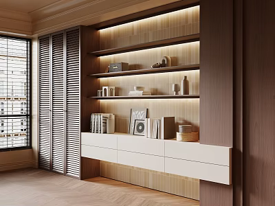 Modern Wooden Bookshelf with Shelves Books Decorative Items and Photo Frames in Contemporary Interior 3d model