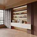 Modern Wooden Bookshelf with Shelves Books Decorative Items and Photo Frames in Contemporary Interior