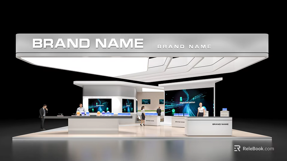 Modern Exhibition Booth With Brand Display White Geometric Ceiling Digital Screens And People Interacting 3d model 