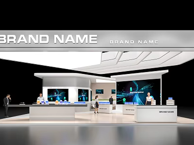 Modern Exhibition Booth With Brand Display White Geometric Ceiling Digital Screens And People Interacting 3d model