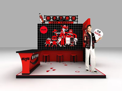 Vibrant Red Black Exhibition Booth With Cartoon Characters Bar Counter And Person Holding Sign 3d model