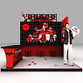 Vibrant Red Black Exhibition Booth With Cartoon Characters Bar Counter And Person Holding Sign