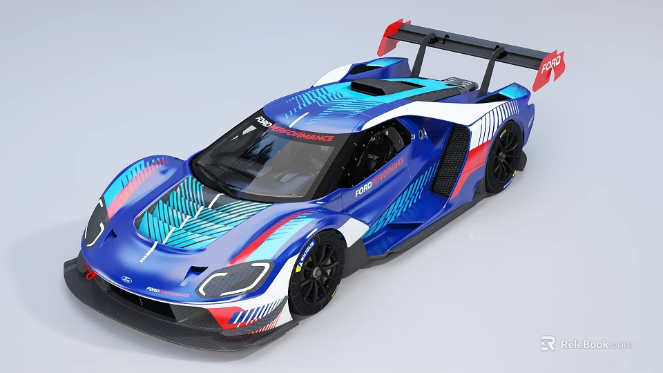 Blue White Red Streamlined Race Car With Aerodynamic Rear Wing Design 3d model 