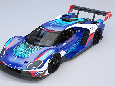 Blue White Red Streamlined Race Car With Aerodynamic Rear Wing Design 3d model