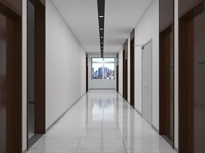 Modern Office Corridor With White Walls Shiny Floor Side Doors And End Window 3d model
