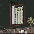 Wooden Frame Mirror on Green Wall Reflecting White Barred Window with Dried Flowers Vase